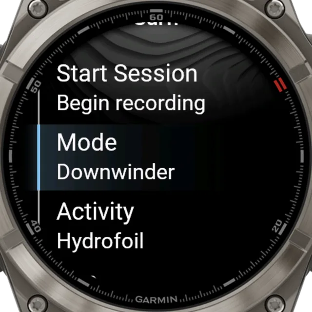 Garmin watch showing the Surfr pre-start screen with Downwinder mode and hydrofoil activity selected