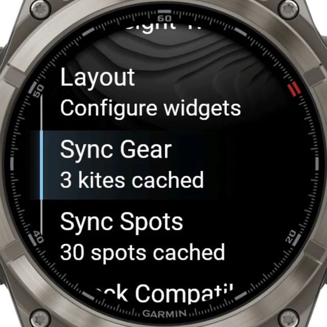 Garmin watch showing the Surfr sync menu with three kites cached and thirty spots cached