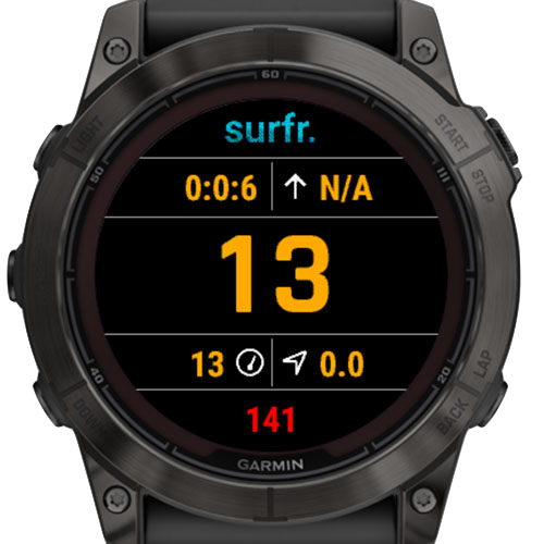 Surfr on a Garmin watch showing a live jump height of 13 metres on the wrist